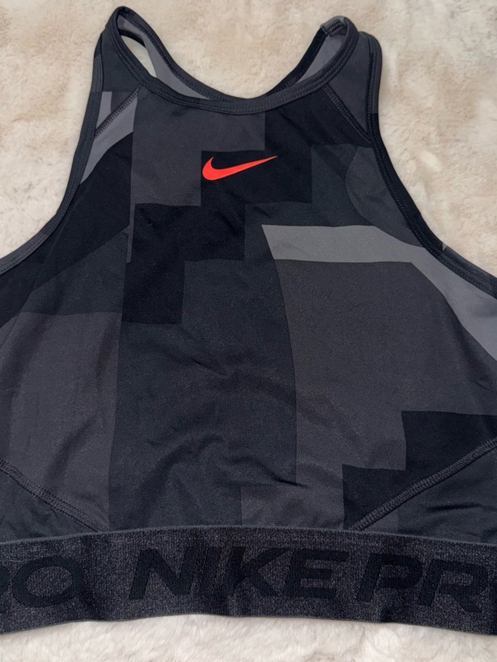 Nike Women's Black/Gray Graphic Crop Sports Bra with Red Swoosh